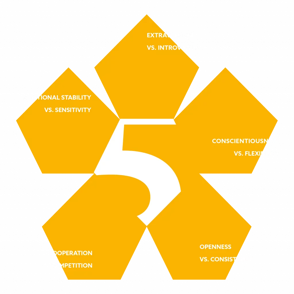 The Big Five dimensions: extraversion vs introversion, conscientiousness vs flexibility, openness vs consistency, cooperation vs competition, emotional stability vs sensitivity